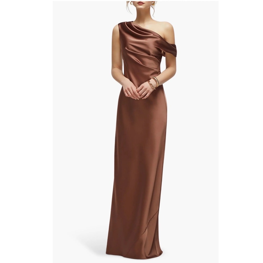 After Six Draped One-Shoulder Satin Charmeuse Gown Cognac Brown 6912 XS-A